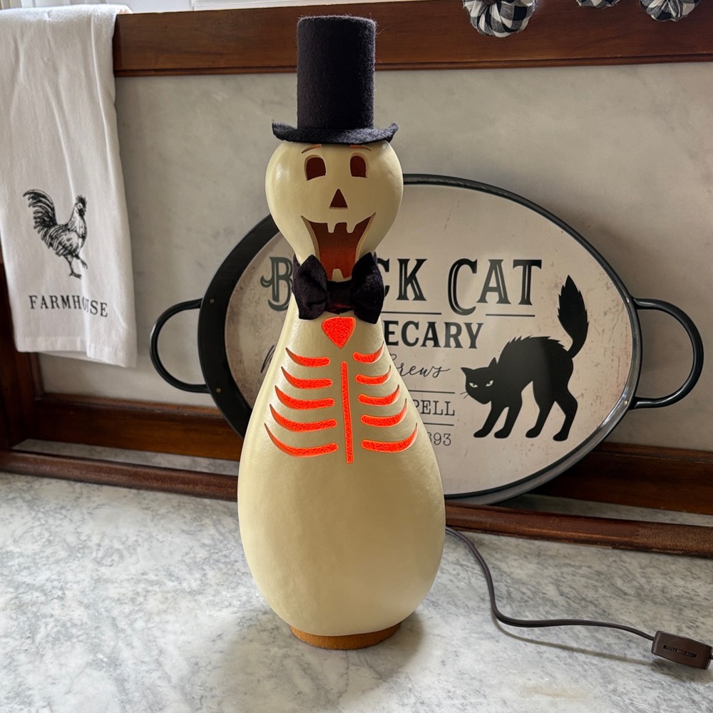 15” Meadowbrooke Gourds Skeleton Top Hat Bow Tie Gourd Lamp Spooky Fun Farmhouse